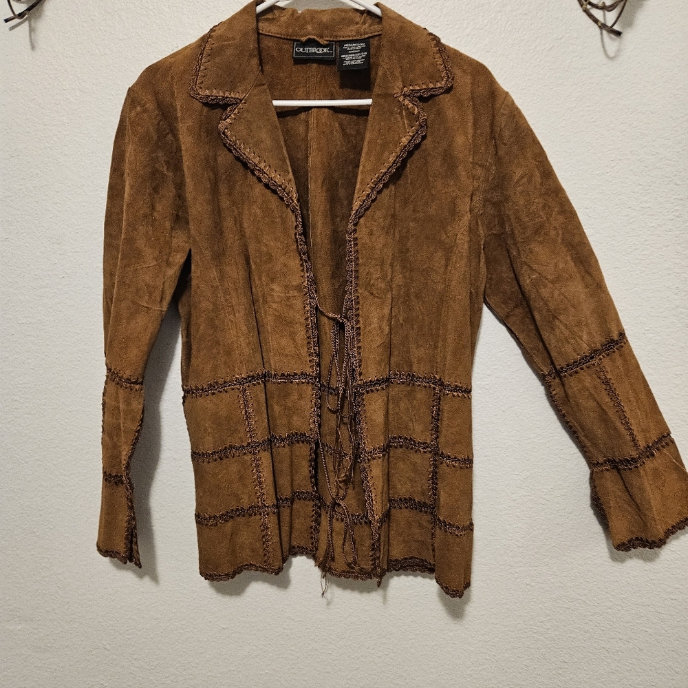 VTG Outbrook Suede Leather Jacket Brown Medium Boho Whipstitch Tie Western Med